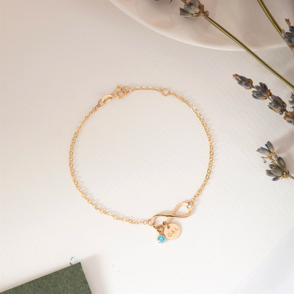 Goldstore-14K Solid Gold Infinity Bracelet with Custom Initial Disc or Birthstone Charm, Dainty Forever Love Infinity Gold Chain Bracelet Gift For Her