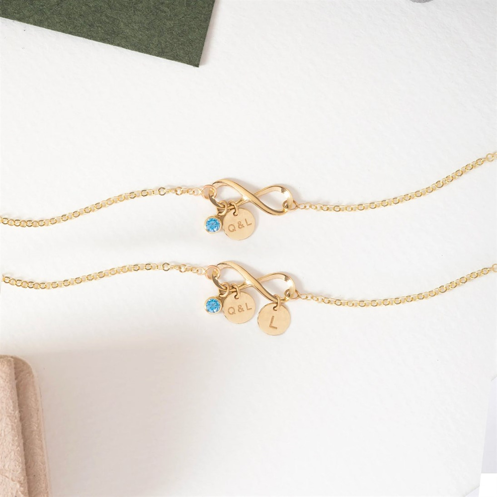 Goldstore-14K Solid Gold Infinity Bracelet with Custom Initial Disc or Birthstone Charm, Dainty Forever Love Infinity Gold Chain Bracelet Gift For Her