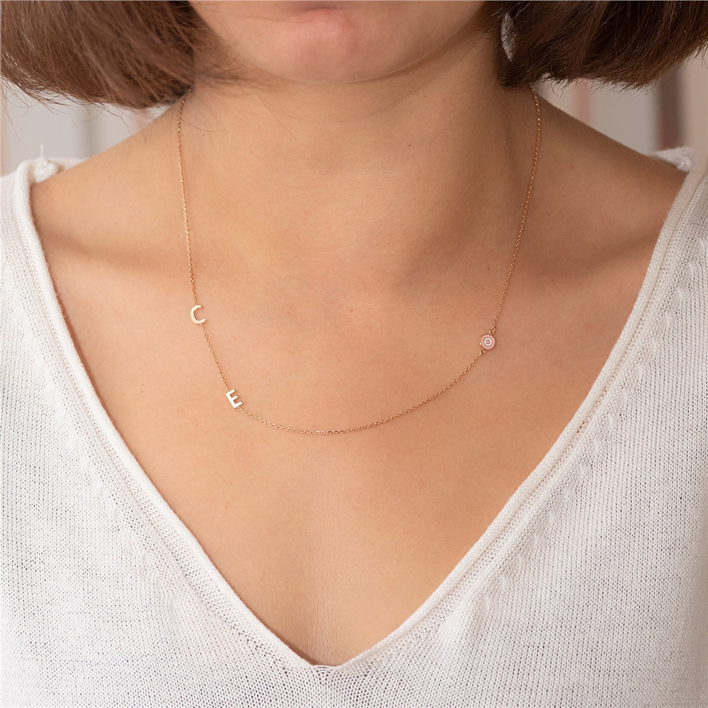 Goldstore-14k Solid Gold Initial Necklace, Sideways Custom Letter Evil Eye Gold Necklace, Personalized Initial Sideways Necklace is Great Gift for Her