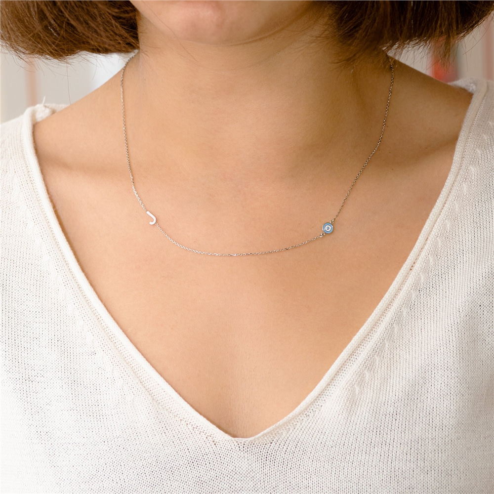 Goldstore-14k Solid Gold Initial Necklace, Sideways Custom Letter Evil Eye Gold Necklace, Personalized Initial Sideways Necklace is Great Gift for Her