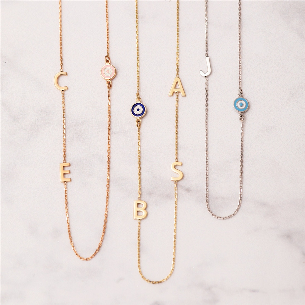 Goldstore-14k Solid Gold Initial Necklace, Sideways Custom Letter Evil Eye Gold Necklace, Personalized Initial Sideways Necklace is Great Gift for Her