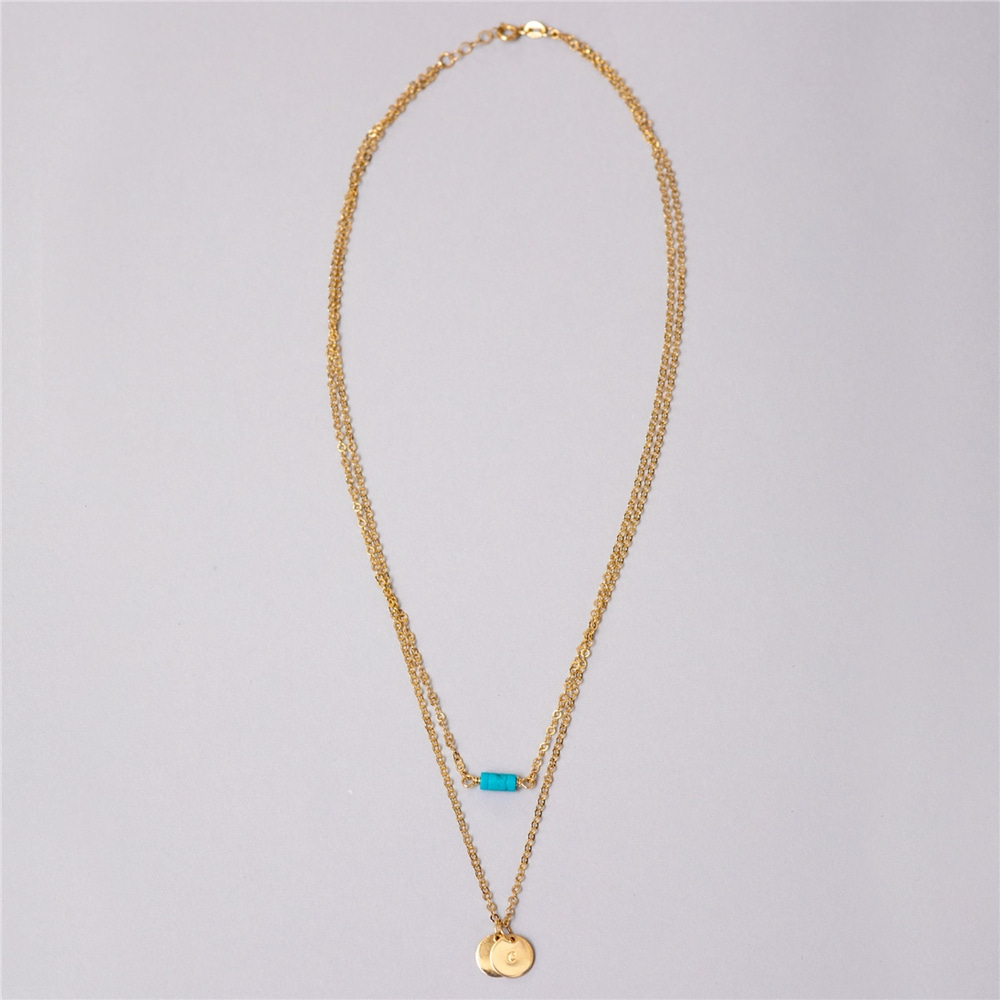 Goldstore-14k Solid Gold Layered Initial Necklaces, Custom Engrave Letters/Initials Disc Necklace, Personalized Dainty Disc Pendant Turquoise Necklace
