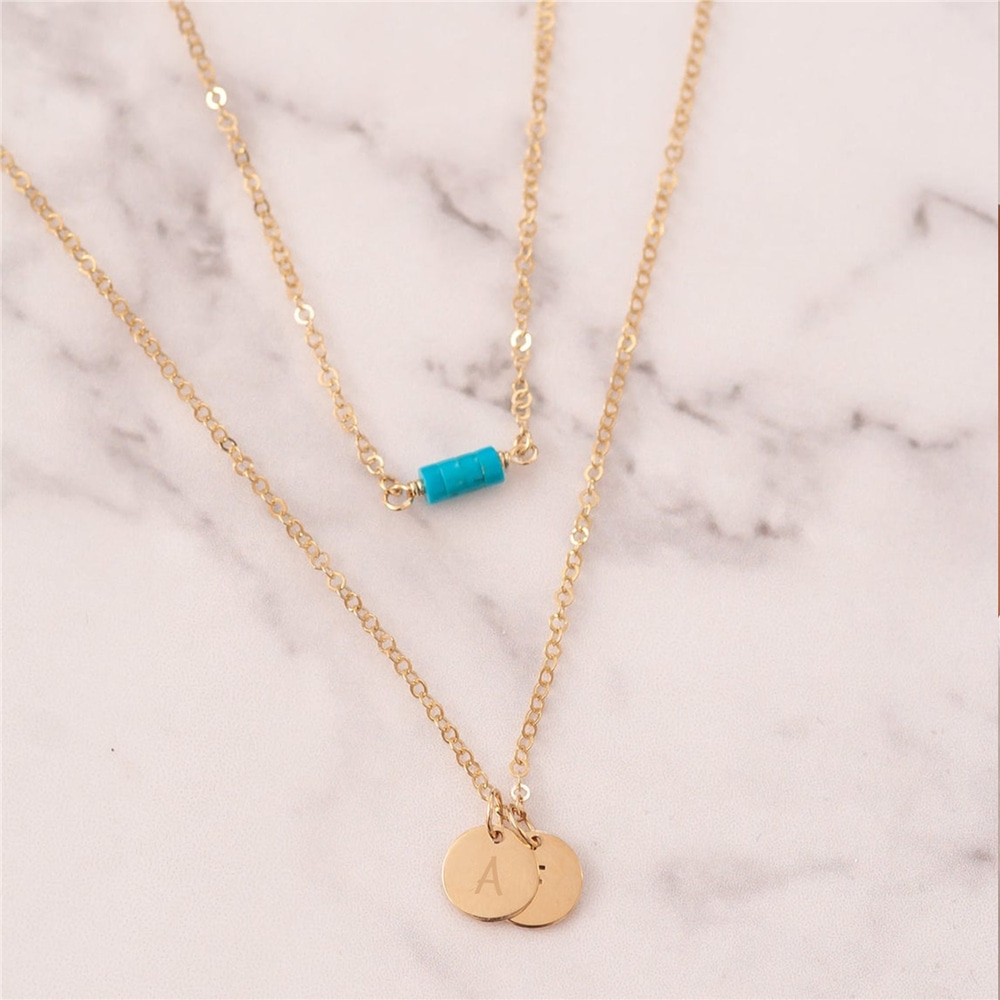 Goldstore-14k Solid Gold Layered Initial Necklaces, Custom Engrave Letters/Initials Disc Necklace, Personalized Dainty Disc Pendant Turquoise Necklace