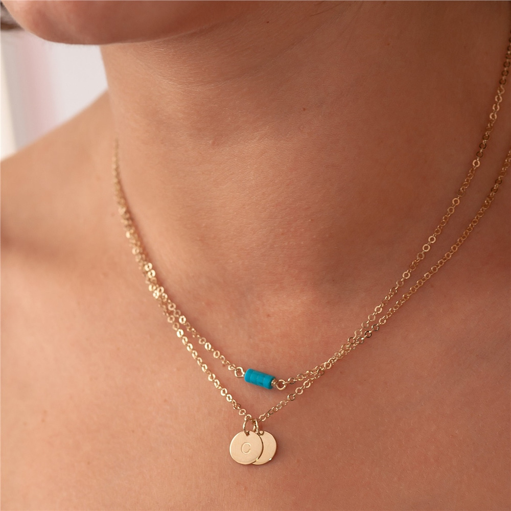 Goldstore-14k Solid Gold Layered Initial Necklaces, Custom Engrave Letters/Initials Disc Necklace, Personalized Dainty Disc Pendant Turquoise Necklace