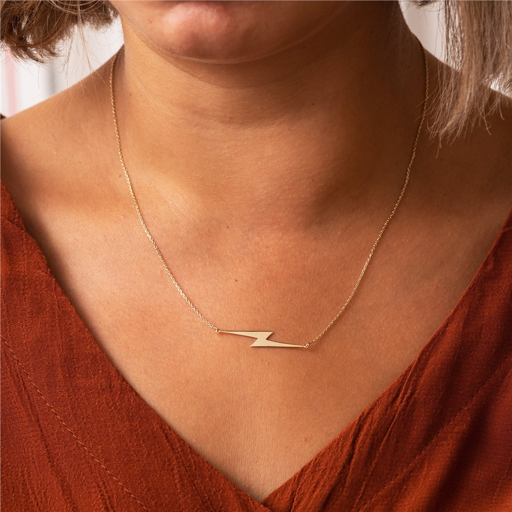 Goldstore-14k Solid Gold Lightning Bolt Necklace, Gold Choker Dainty Sideways Lightning Necklace, Lightning Bolt Charm Necklace Great Gift For Her