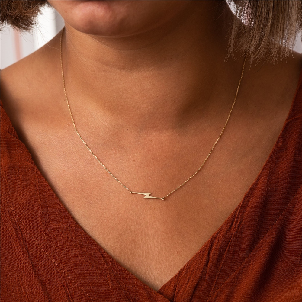 Goldstore-14k Solid Gold Lightning Bolt Necklace, Gold Choker Dainty Sideways Lightning Necklace, Lightning Bolt Charm Necklace Great Gift For Her