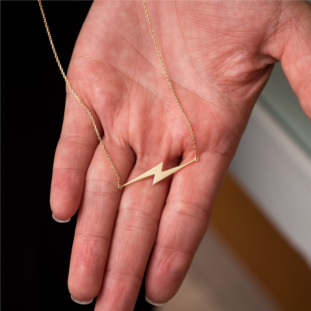 Goldstore-14k Solid Gold Lightning Bolt Necklace, Gold Choker Dainty Sideways Lightning Necklace, Lightning Bolt Charm Necklace Great Gift For Her