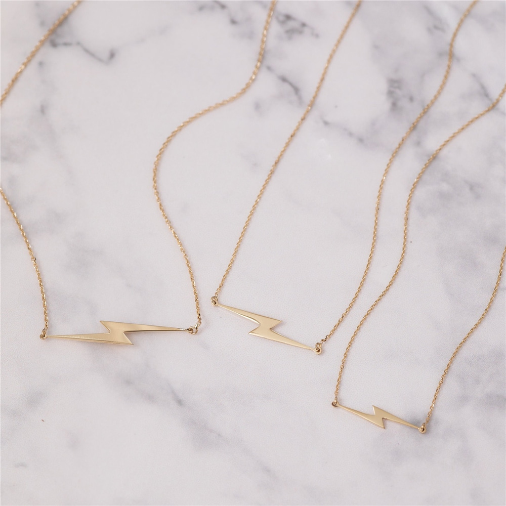 Goldstore-14k Solid Gold Lightning Bolt Necklace, Gold Choker Dainty Sideways Lightning Necklace, Lightning Bolt Charm Necklace Great Gift For Her