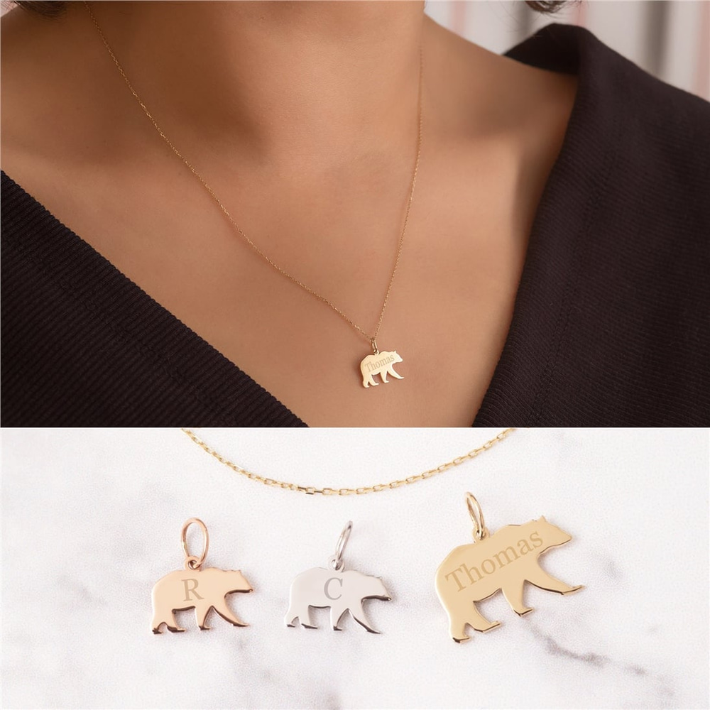 Goldstore-14k Solid gold Mama Bear Necklace, Mama Bear and Baby Bear Gold Necklace, Custom Name Initial Engraved Mama Cubs Bear Necklace for Grandma