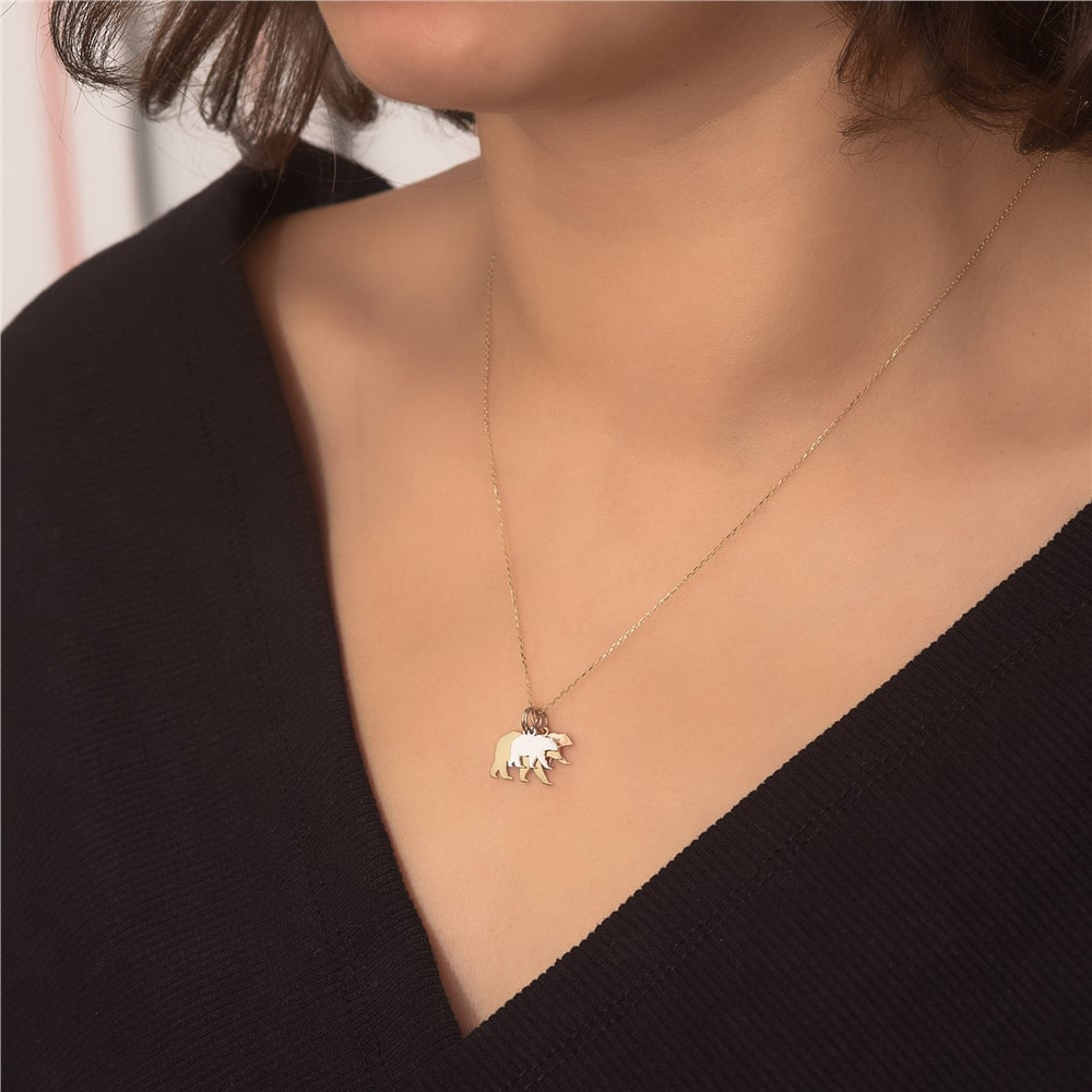 Goldstore-14k Solid gold Mama Bear Necklace, Mama Bear and Baby Bear Gold Necklace, Custom Name Initial Engraved Mama Cubs Bear Necklace for Grandma