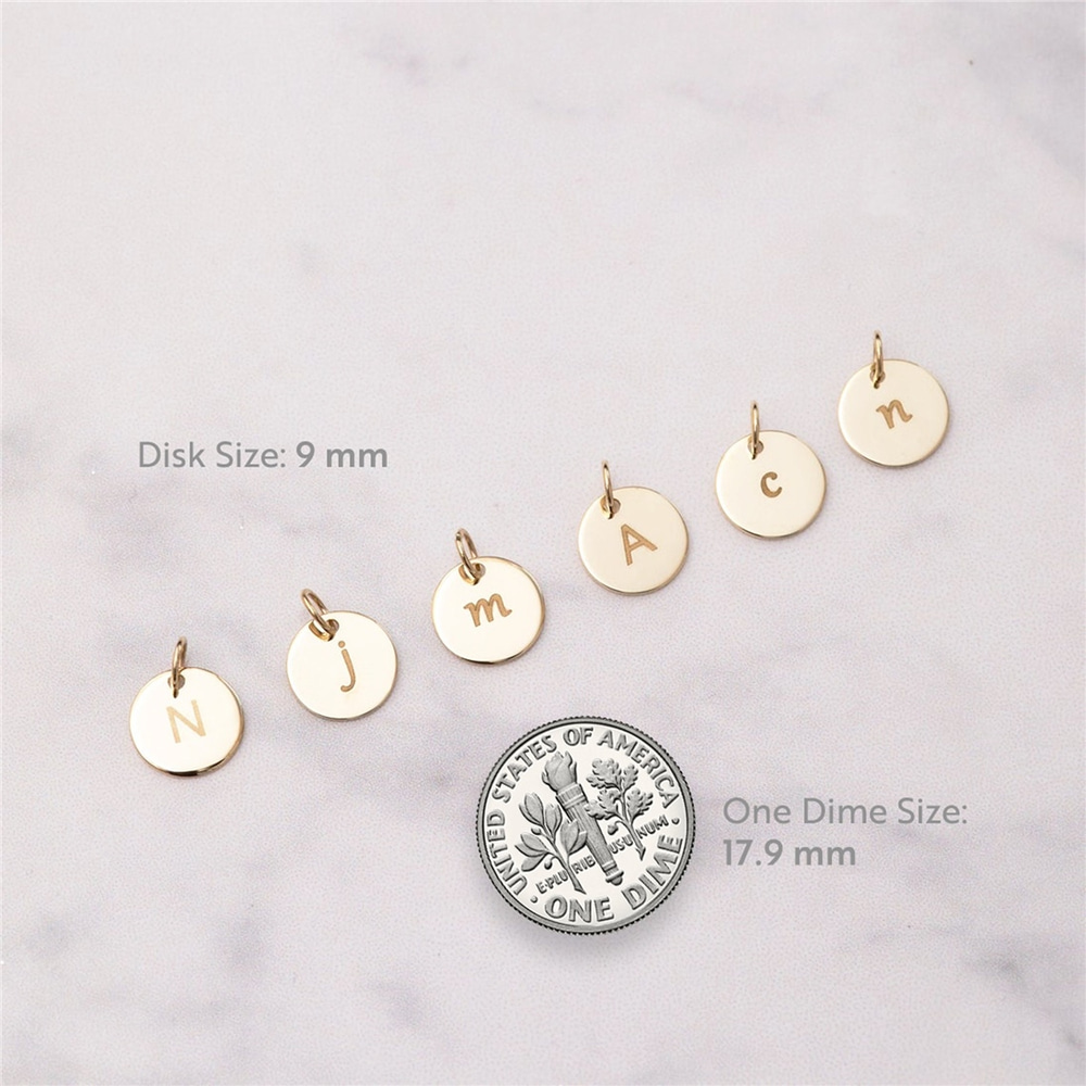 Goldstore-14K Solid Gold Minimal Initial Disk Necklace, Personalized Dainty lowercase or uppercase letter Pendant, Mothers Letter Disc Charm Necklace.