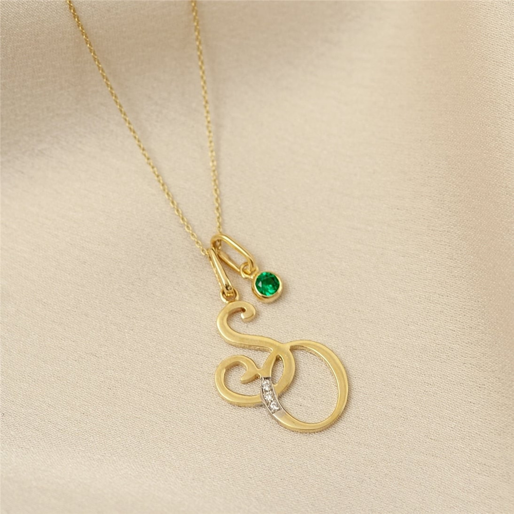 Goldstore-14k Solid Gold Monogram Custom Initials and Birthstone Necklace, Double Initials 14k Gold Pendant, Custom Intertwined Initials Gold Necklace