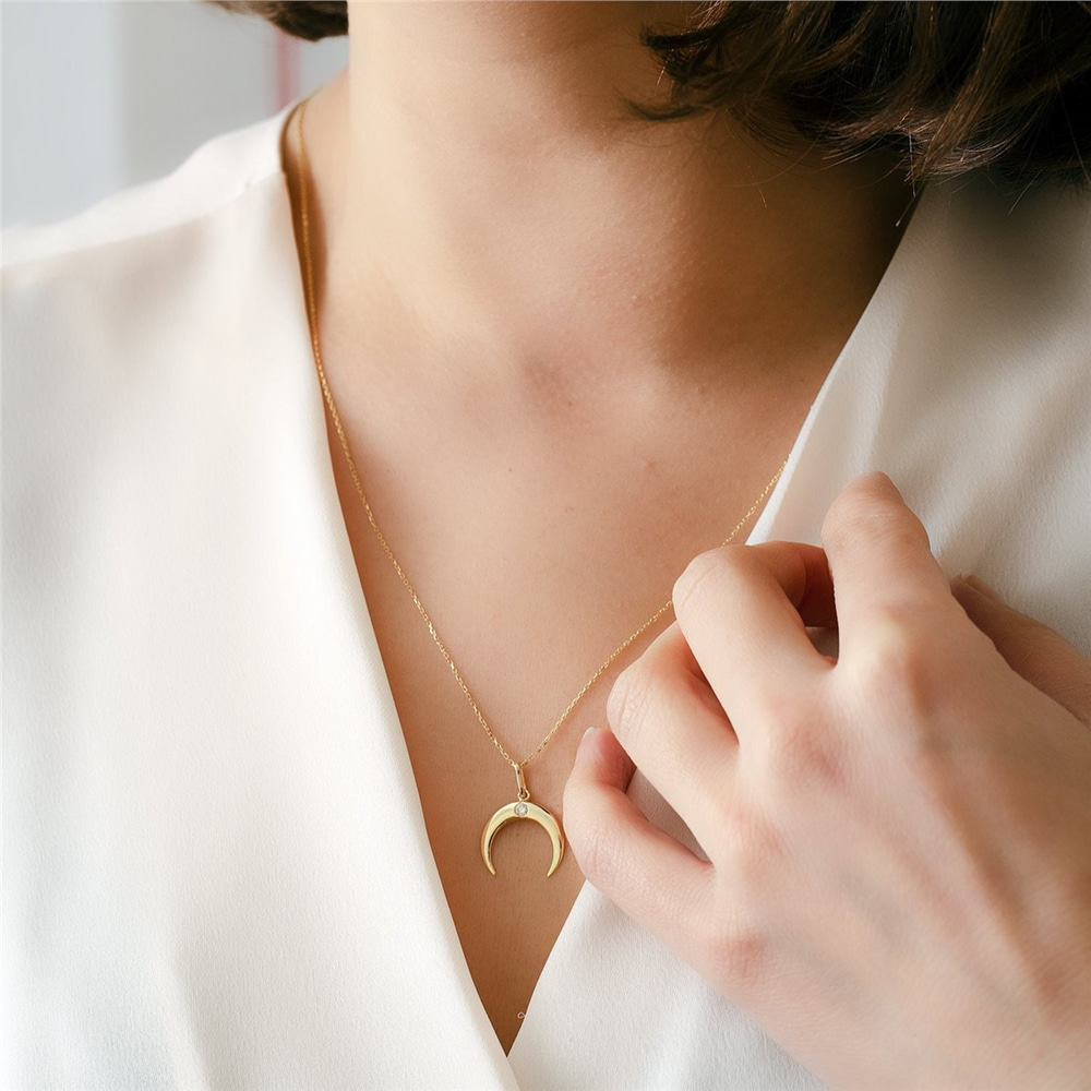 Goldstore-14k Solid Gold Moon Diamond Necklace, Upside Down Crescent Moon Necklace, Double Horn Diamond Gold Necklace, great Valentine's gift for her.