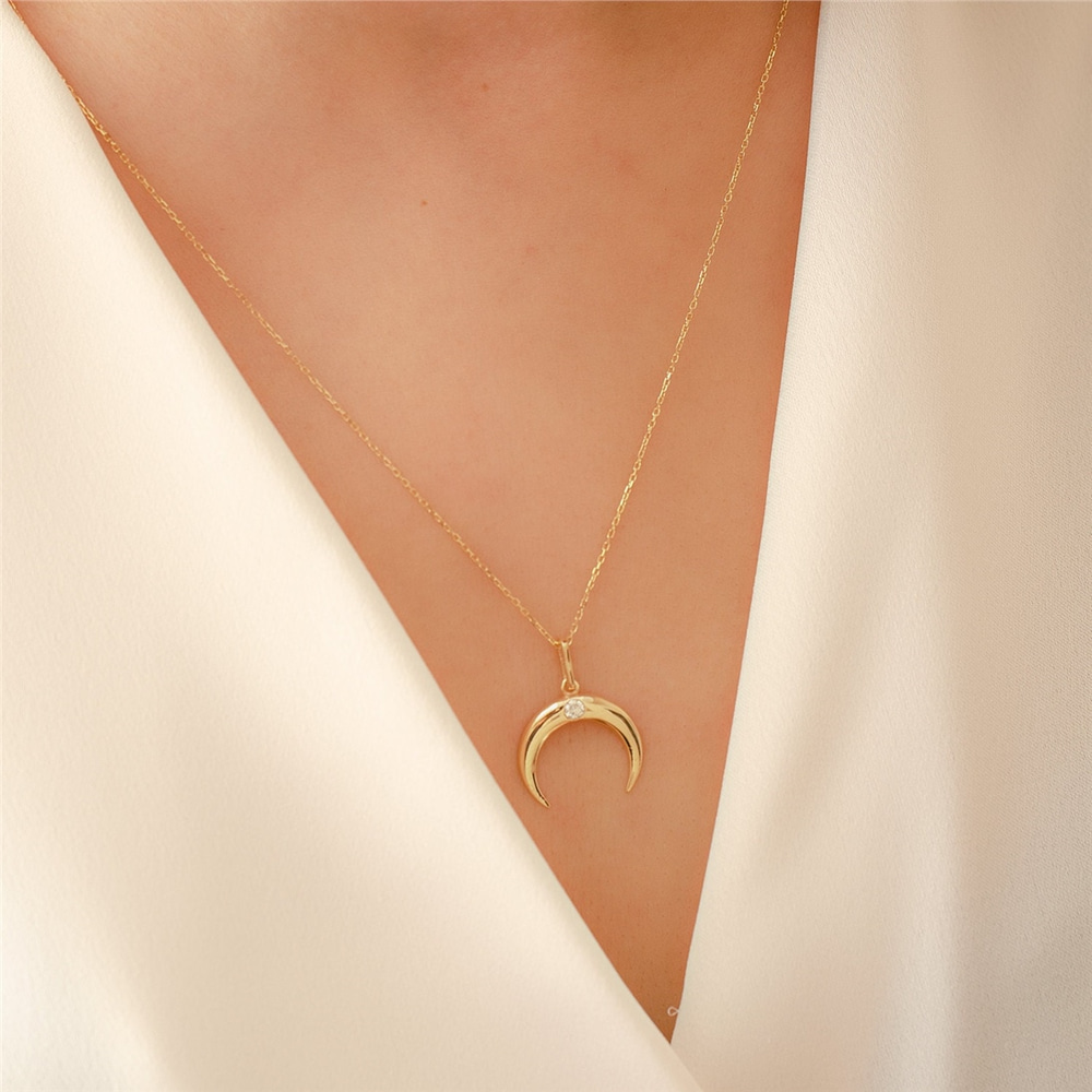 Goldstore-14k Solid Gold Moon Diamond Necklace, Upside Down Crescent Moon Necklace, Double Horn Diamond Gold Necklace, great Valentine's gift for her.