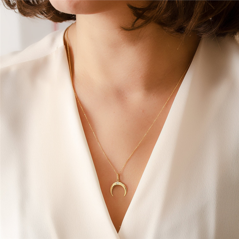 Goldstore-14k Solid Gold Moon Diamond Necklace, Upside Down Crescent Moon Necklace, Double Horn Diamond Gold Necklace, great Valentine's gift for her.