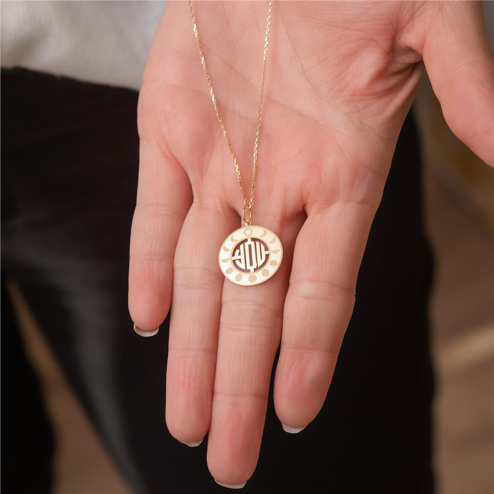 Goldstore-14K Solid Gold Moon Phase Monogram Necklace, Personalized Moon Phase Necklace, Custom Lunar Necklace, Moon Phases 3 Letters Pendant Gift for