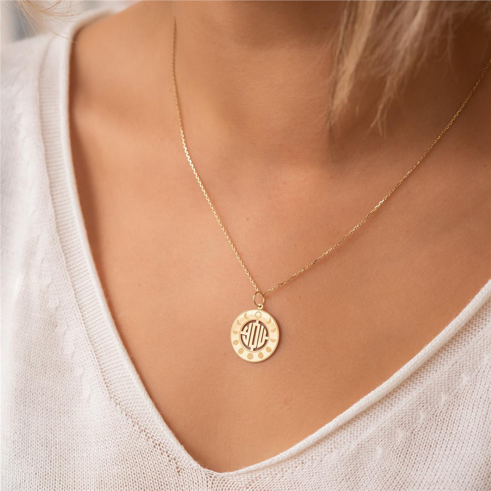 Goldstore-14K Solid Gold Moon Phase Monogram Necklace, Personalized Moon Phase Necklace, Custom Lunar Necklace, Moon Phases 3 Letters Pendant Gift for