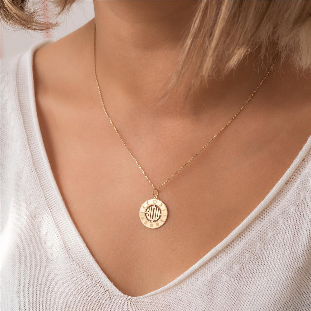 Goldstore-14K Solid Gold Moon Phase Monogram Necklace, Personalized Moon Phase Necklace, Custom Lunar Necklace, Moon Phases 3 Letters Pendant Gift for