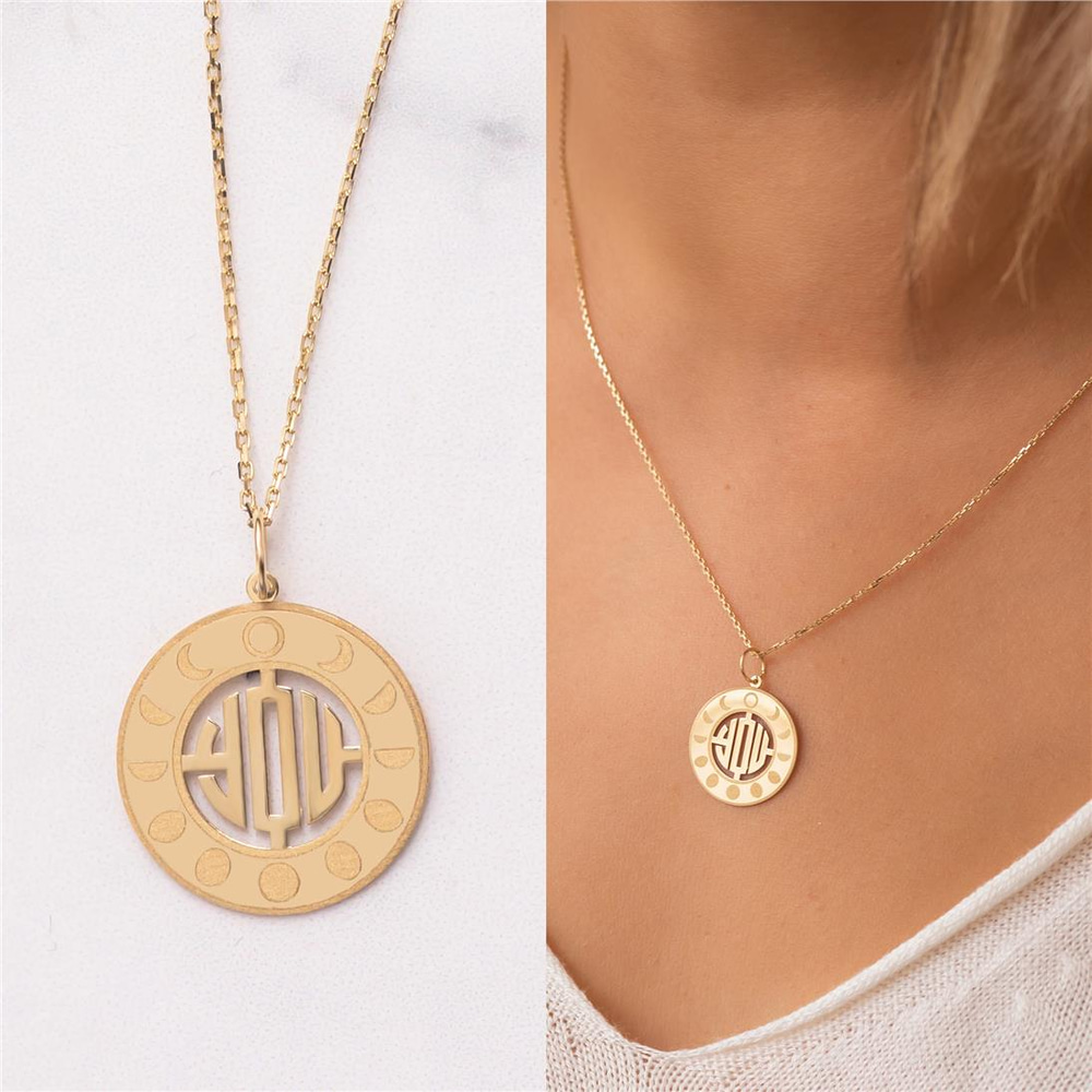 Goldstore-14K Solid Gold Moon Phase Monogram Necklace, Personalized Moon Phase Necklace, Custom Lunar Necklace, Moon Phases 3 Letters Pendant Gift for