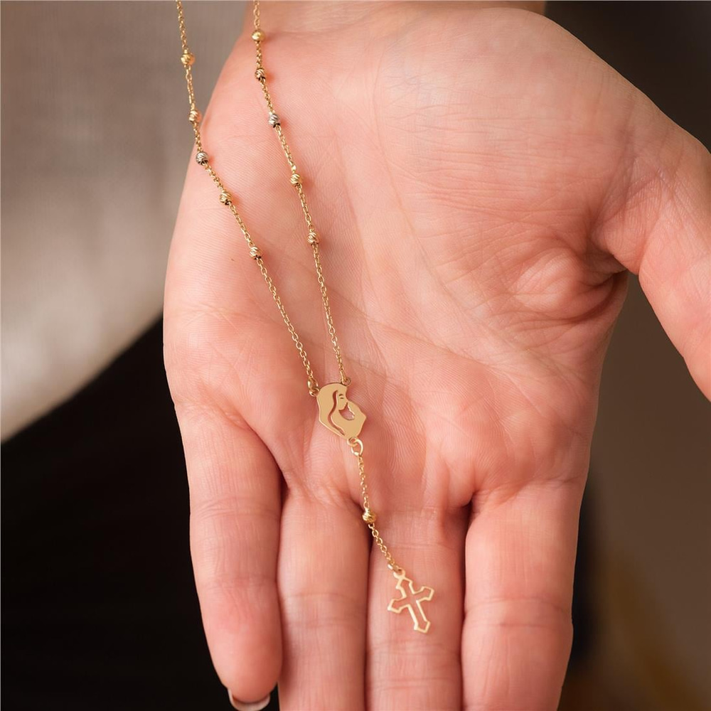 Goldstore-14K Solid Gold Mother and Child Rosary Lariat Necklace, Real Gold Rosary Cross Necklace, Beaded Satellite Chain Necklace Gift For Mother