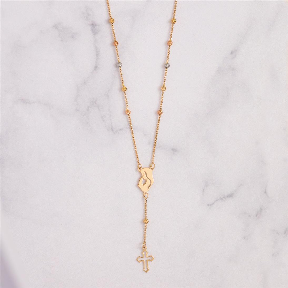 Goldstore-14K Solid Gold Mother and Child Rosary Lariat Necklace, Real Gold Rosary Cross Necklace, Beaded Satellite Chain Necklace Gift For Mother