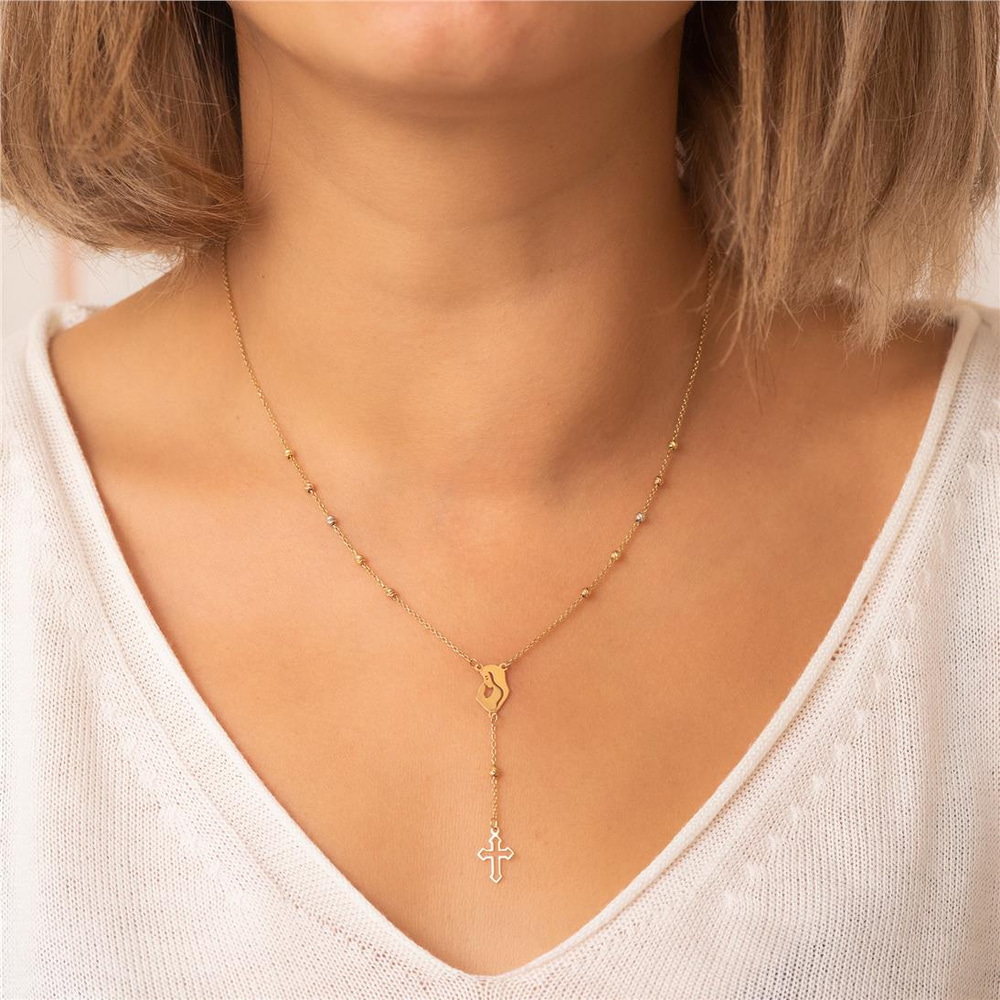 Goldstore-14K Solid Gold Mother and Child Rosary Lariat Necklace, Real Gold Rosary Cross Necklace, Beaded Satellite Chain Necklace Gift For Mother