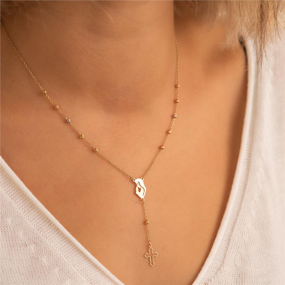 Goldstore-14K Solid Gold Mother and Child Rosary Lariat Necklace, Real Gold Rosary Cross Necklace, Beaded Satellite Chain Necklace Gift For Mother