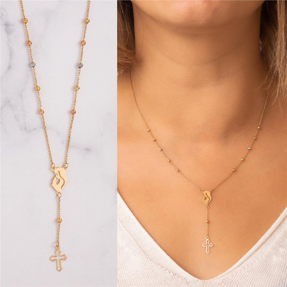 Goldstore-14K Solid Gold Mother and Child Rosary Lariat Necklace, Real Gold Rosary Cross Necklace, Beaded Satellite Chain Necklace Gift For Mother