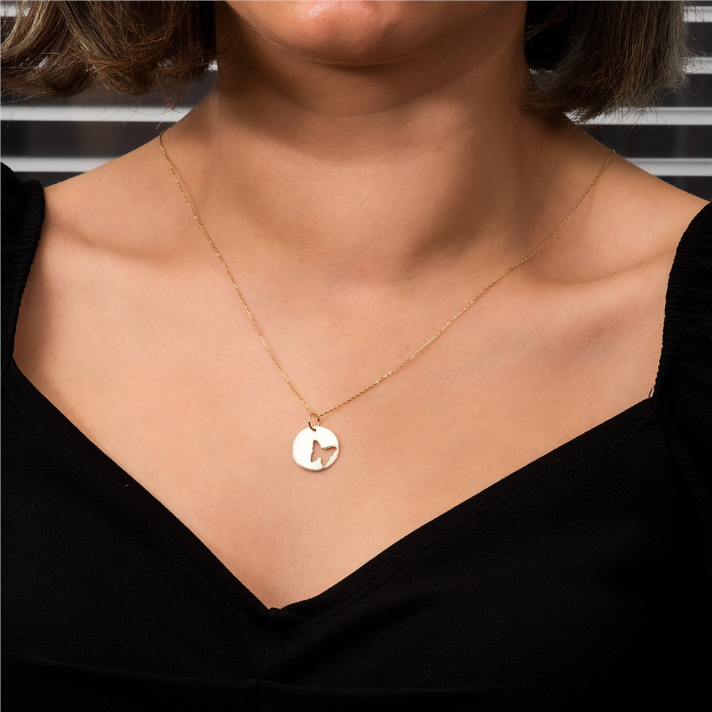 Goldstore-14k Solid Gold Mother Daughter Butterfly Necklace Set, Personalized Butterfly Pendant Necklace, Custom Engrave Layered Necklace Gift for Her