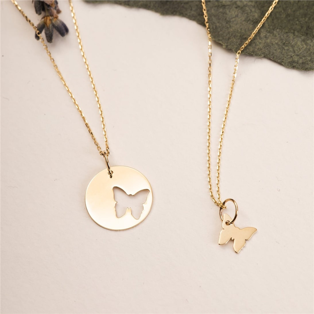 Goldstore-14k Solid Gold Mother Daughter Butterfly Necklace Set, Personalized Butterfly Pendant Necklace, Custom Engrave Layered Necklace Gift for Her