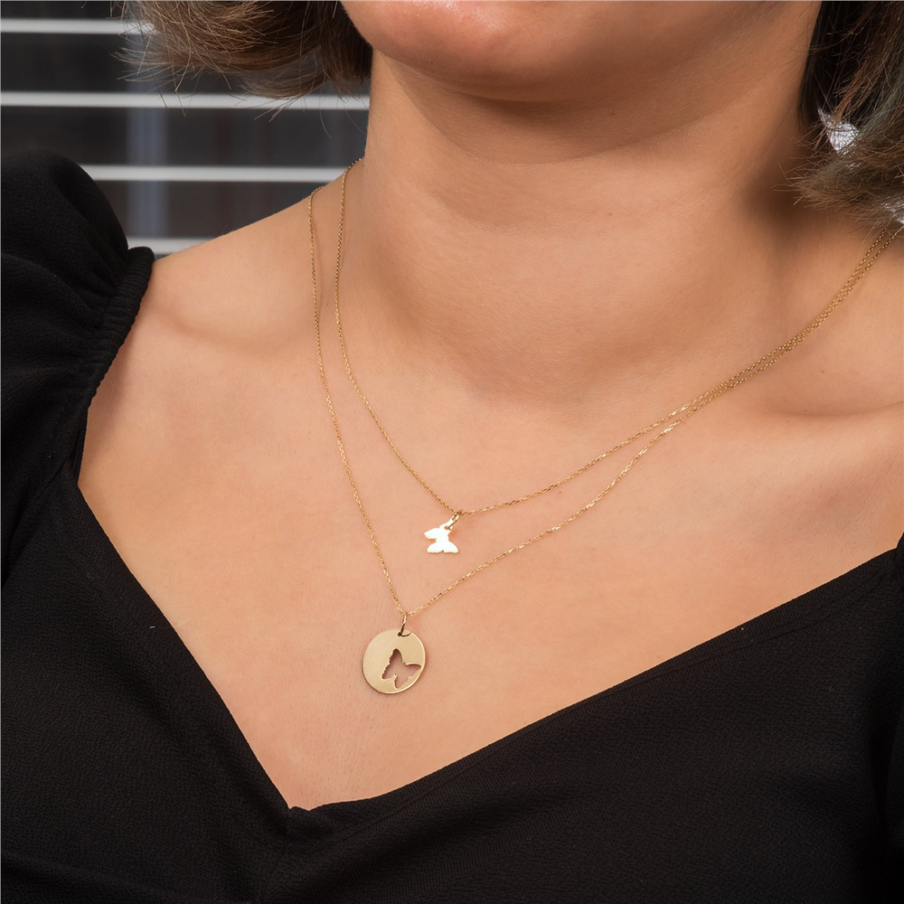 Goldstore-14k Solid Gold Mother Daughter Butterfly Necklace Set, Personalized Butterfly Pendant Necklace, Custom Engrave Layered Necklace Gift for Her