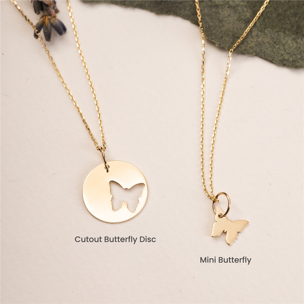 Goldstore-14k Solid Gold Mother Daughter Butterfly Necklace Set, Personalized Butterfly Pendant Necklace, Custom Engrave Layered Necklace Gift for Her