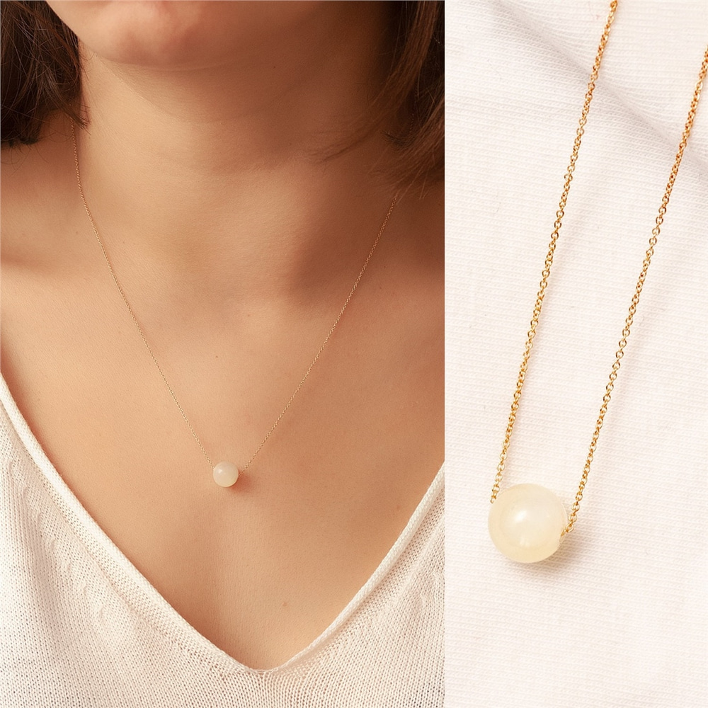 Goldstore-14k Solid Gold Mother of Pearl Floating Ball Necklace, Single Bead MOP Gold Necklace, Dainty Gold Mother of Pearl Necklace Bridesmaid Gift.