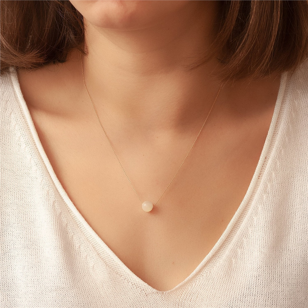 Goldstore-14k Solid Gold Mother of Pearl Floating Ball Necklace, Single Bead MOP Gold Necklace, Dainty Gold Mother of Pearl Necklace Bridesmaid Gift.