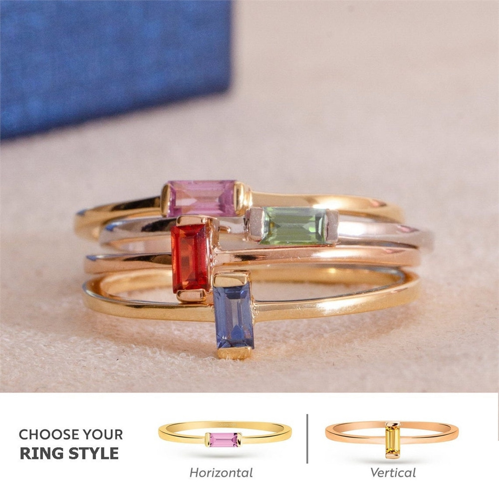 Goldstore-14K Solid Gold Natural Baguette Sapphire Ring, Multi Color Sapphire stackable ring, Minimalist Stacking Baguette Rings