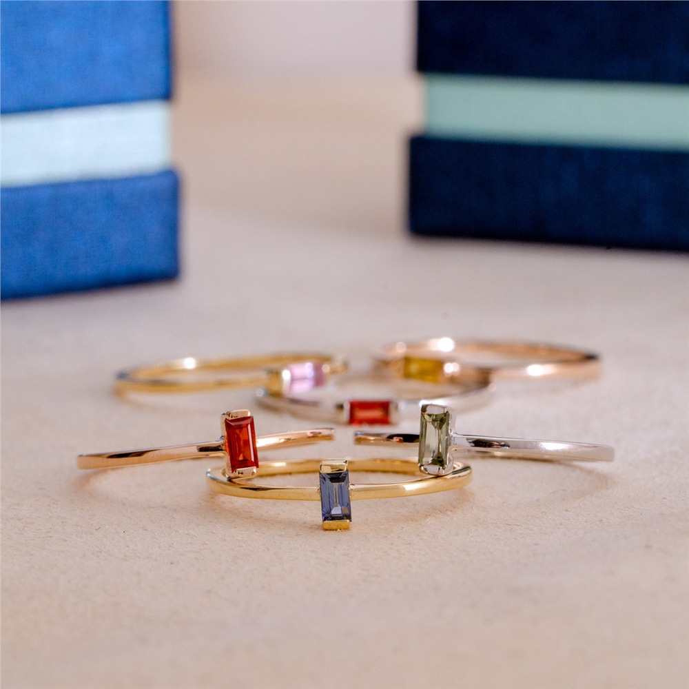 Goldstore-14K Solid Gold Natural Baguette Sapphire Ring, Multi Color Sapphire stackable ring, Minimalist Stacking Baguette Rings