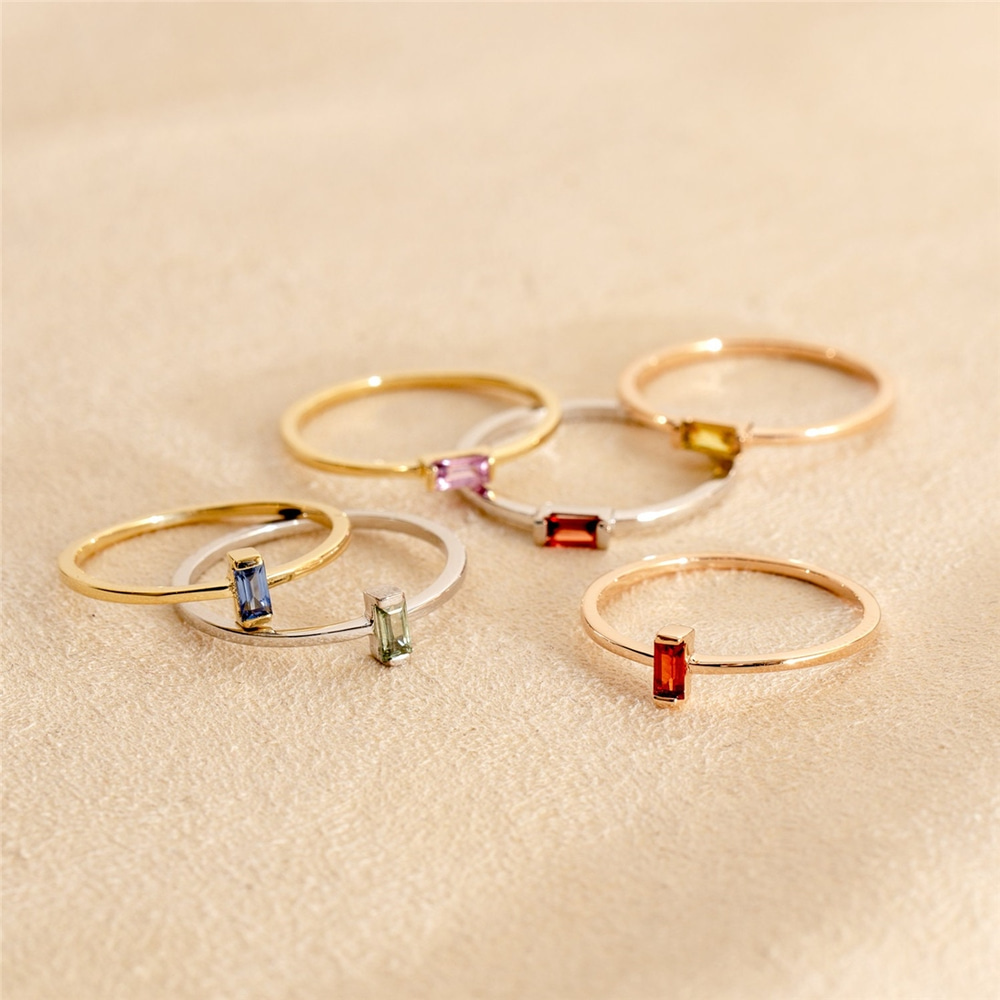 Goldstore-14K Solid Gold Natural Baguette Sapphire Ring, Multi Color Sapphire stackable ring, Minimalist Stacking Baguette Rings