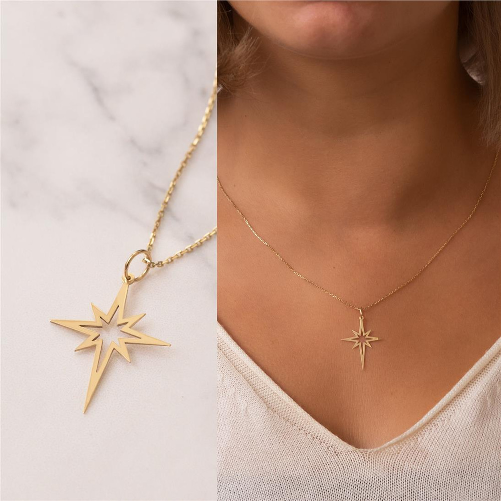 Goldstore-14k Solid Gold Northern Star Necklace, North Star Pendant, Dainty Pole Star Charm Necklace is a Gift For Her, Anniversary Gift For Christmas