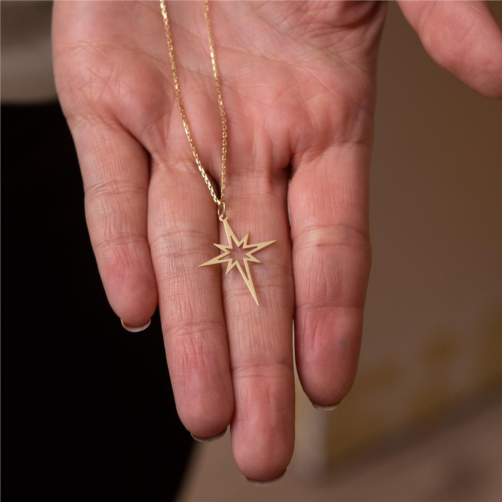 Goldstore-14k Solid Gold Northern Star Necklace, North Star Pendant, Dainty Pole Star Charm Necklace is a Gift For Her, Anniversary Gift For Christmas