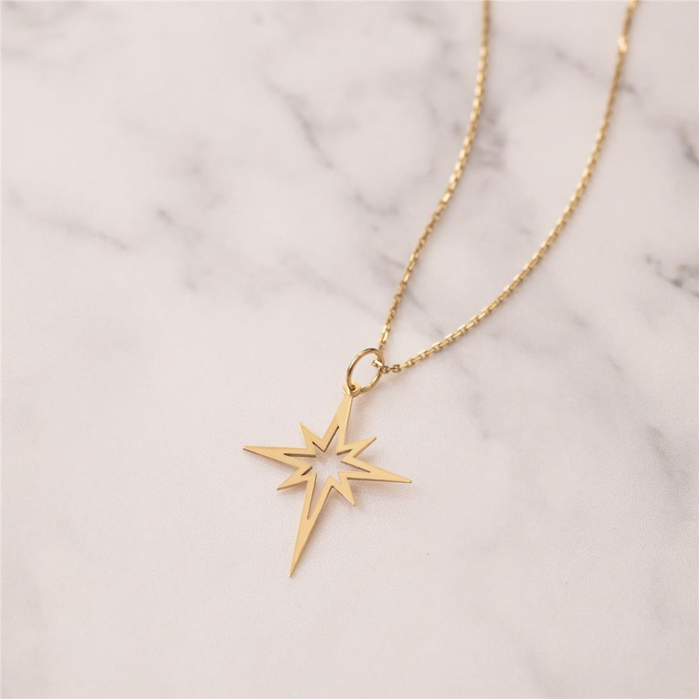 Goldstore-14k Solid Gold Northern Star Necklace, North Star Pendant, Dainty Pole Star Charm Necklace is a Gift For Her, Anniversary Gift For Christmas