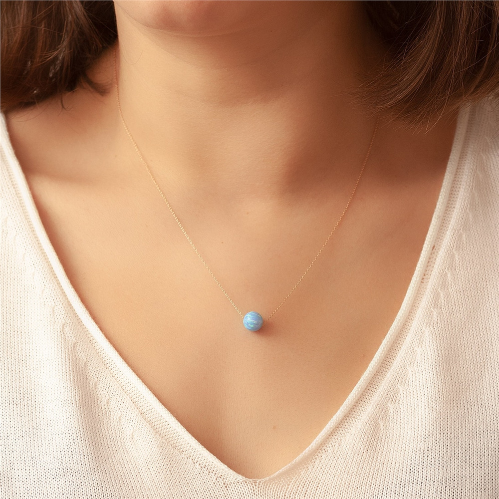 Goldstore-14k Solid Gold Opal Ball Necklace, Opal Bead Necklace Floating 14k Real Gold Chain, White Opal Gold Necklace, Dainty Gold Blue Opal Necklace