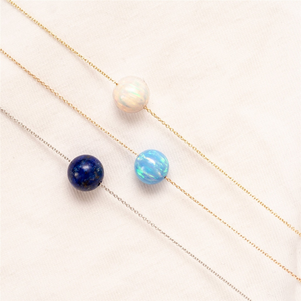 Goldstore-14k Solid Gold Opal Ball Necklace, Opal Bead Necklace Floating 14k Real Gold Chain, White Opal Gold Necklace, Dainty Gold Blue Opal Necklace