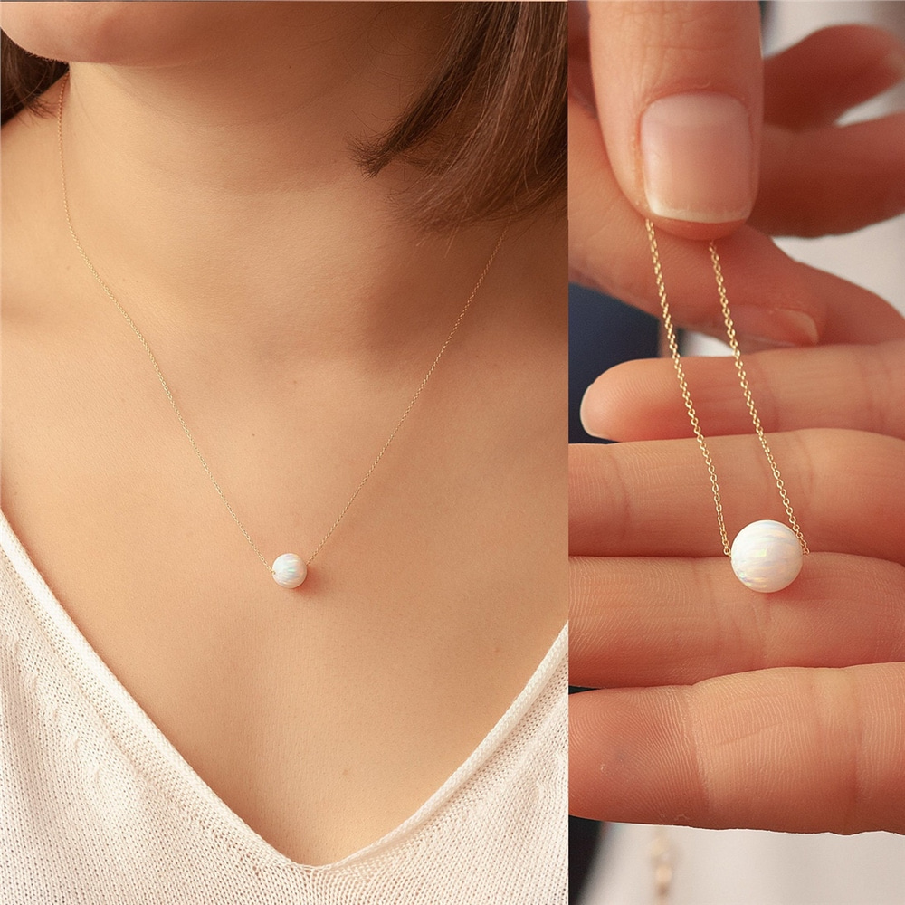 Goldstore-14k Solid Gold Opal Ball Necklace, Opal Bead Necklace Floating 14k Real Gold Chain, White Opal Gold Necklace, Dainty Gold Blue Opal Necklace