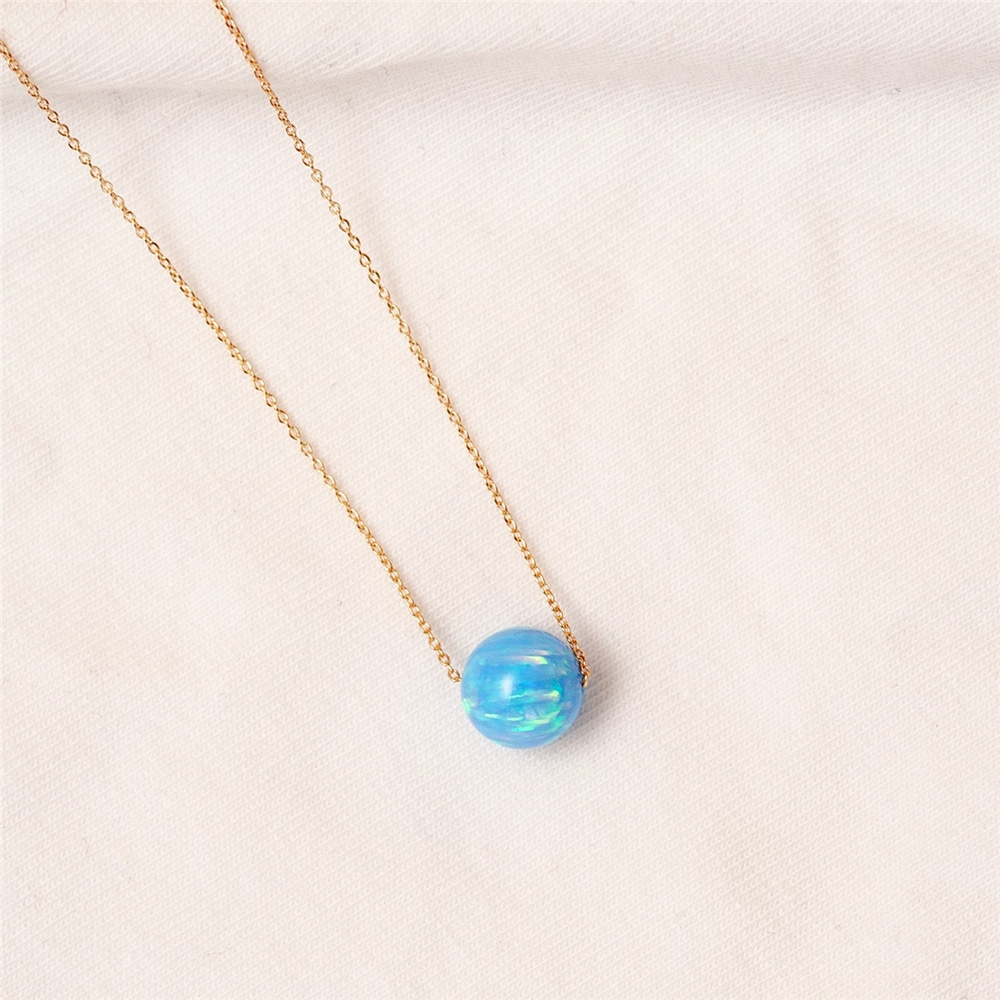 Goldstore-14k Solid Gold Opal Ball Necklace, Opal Bead Necklace Floating 14k Real Gold Chain, White Opal Gold Necklace, Dainty Gold Blue Opal Necklace