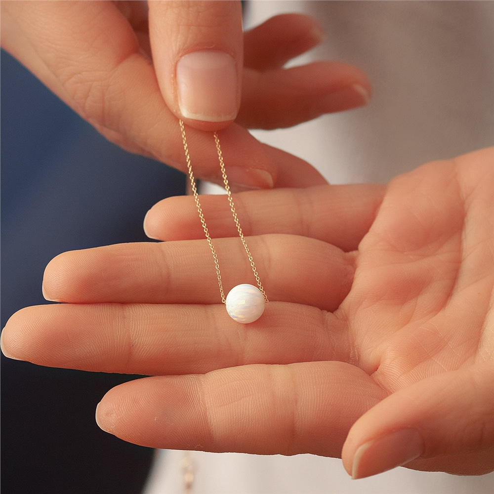 Goldstore-14k Solid Gold Opal Ball Necklace, Opal Bead Necklace Floating 14k Real Gold Chain, White Opal Gold Necklace, Dainty Gold Blue Opal Necklace