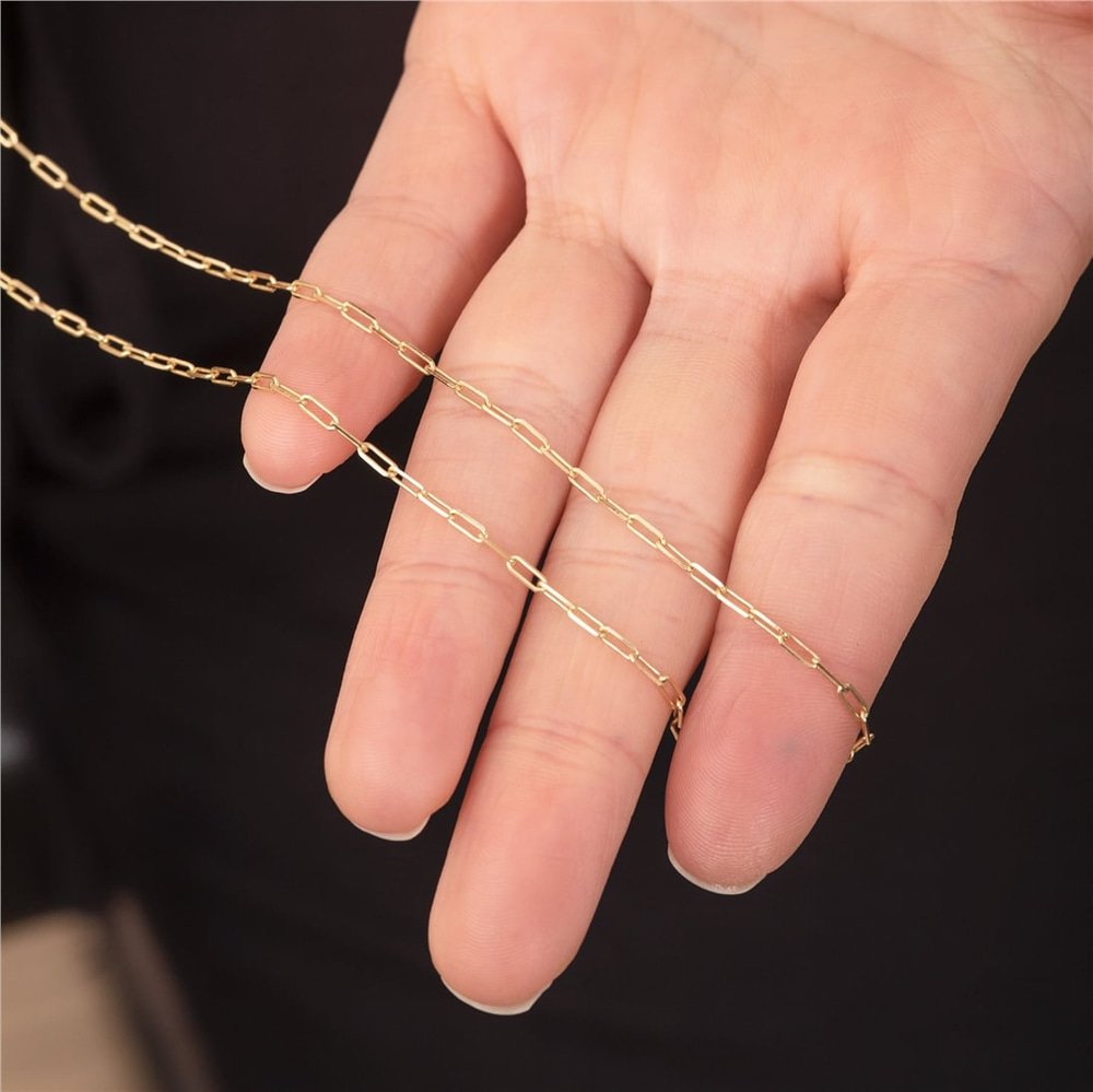 Goldstore-14k Solid Gold Paperclip Chain, Dainty Solid Link Chain Necklace, Delicate Rectangle Layering Paper Clip Elongated Link Chain Gift For Her