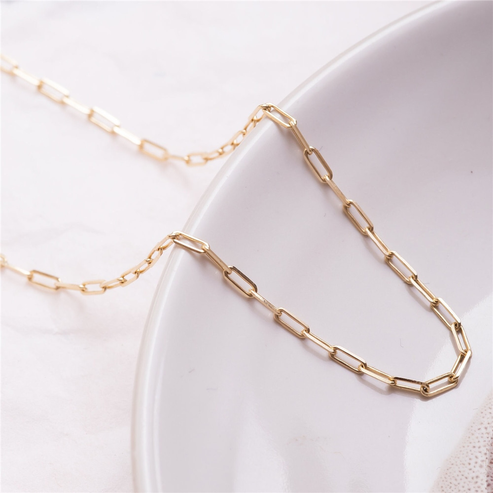 Goldstore-14k Solid Gold Paperclip Chain, Dainty Solid Link Chain Necklace, Delicate Rectangle Layering Paper Clip Elongated Link Chain Gift For Her