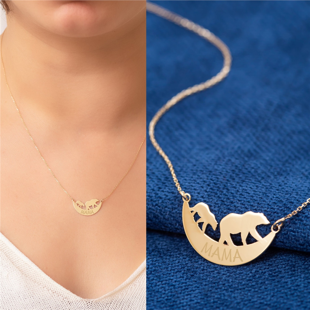 Goldstore-14k Solid Gold Personalized Mama Bear Necklace, Mama Bear and Cubs Necklace, Momma Bear Necklace, Engrave Kids Name Necklace gift for mom.