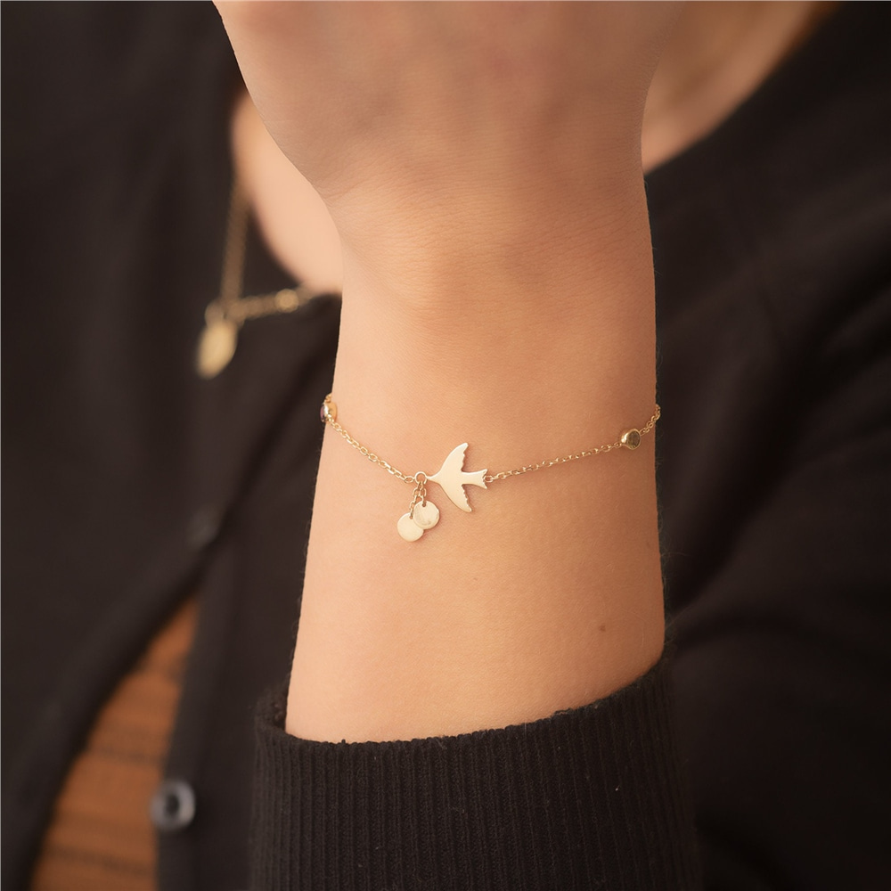 Goldstore-14k Solid Gold Personalized Initial Disc Bird Bracelet, Custom Letter Birthstone Swallow Bracelet, Engraved Initial Mini Disc Bracelet