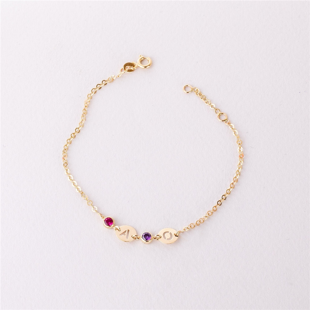 Goldstore-14K Solid Gold Personalized Birthstone & Initial Disc Bracelet, Custom Letter Disk, Family Birthstone Multi Disc Kids Initial Tag Bracelet